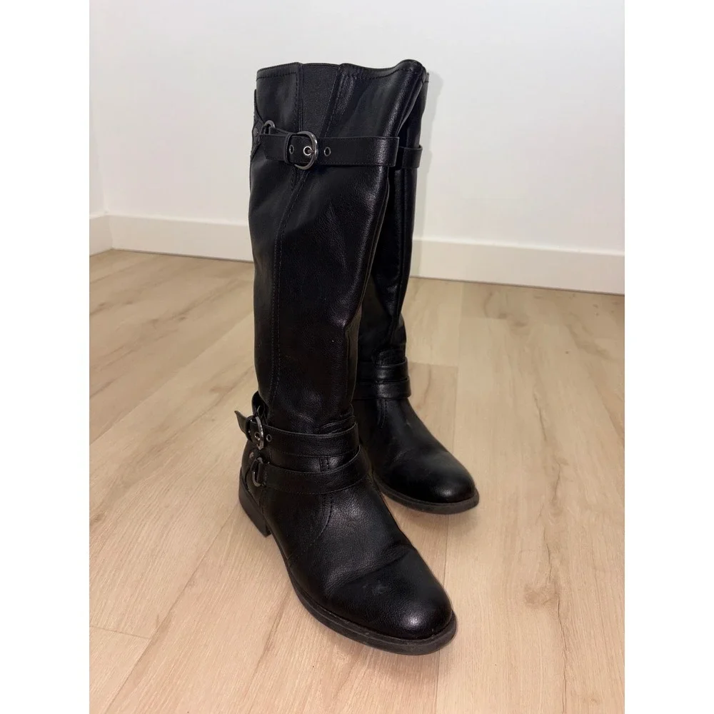 Brinley Co Loyal Tall Riding Boots Womens 10 Black Buckle Strap Moto Equestrian